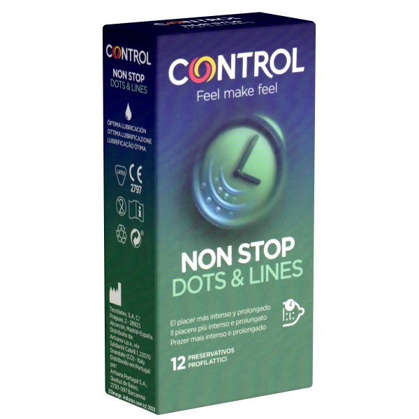 Control Non Stop 12 anatomische Kondom gerippt, genoppt mit Benzokain